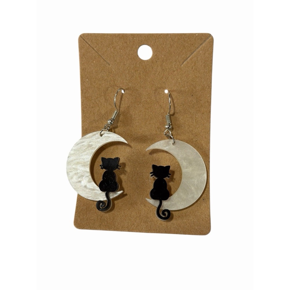 Black Cat Crescent Moon Dangle Earrings Acrylic Celestial Witchy Goth Jewelry